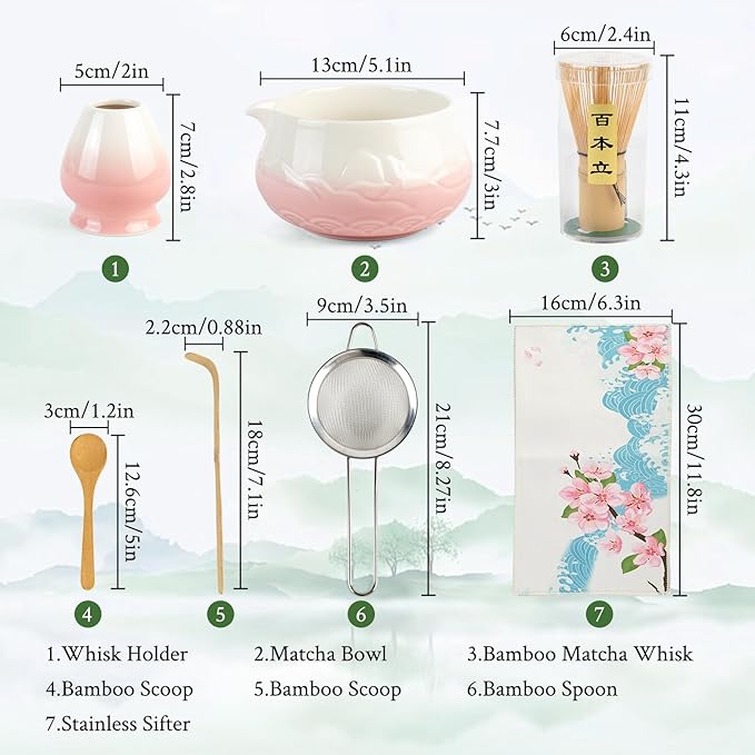 Matcha Whisk Set - Ceramic Matcha Set Includes Matcha Bowl, Whisk and Holder, Bamboo Scoop, Scoop Rest, Sifter and Tea Towel - 7 Pcs Ceremonial Gift Kit for Matcha Lovers (Gradient Pink)