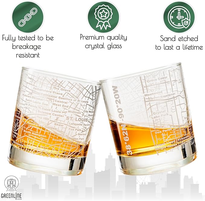 Greenline Goods Whiskey Glasses - 10 Oz Tumbler Set for St Louis lovers, Etched with St Louis City Map Old Fashioned Rocks Glass - Set of 2