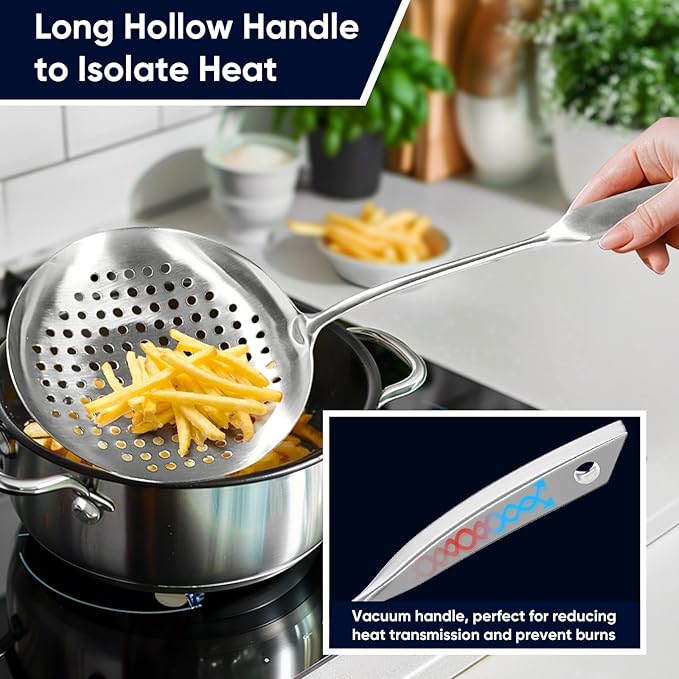 Newness Slotted Spoon, [Rustproof, Integral Forming, Durable] 304 Stainless Steel Widen Skimmer with Vacuum Ergonomic Handle, Comfortable Grip Design Strainer Ladle for Kitchen, 16.93 Inches