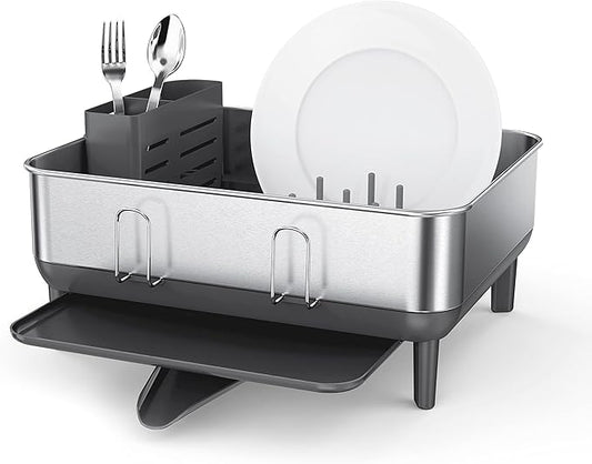 simplehuman Compact Dish Drying Rack with Stainless Steel Frame, 360º Easy Drain Swivel Spout, Utensil Holder, Anti-Residue Coating, Moisture Control Surface, Grey