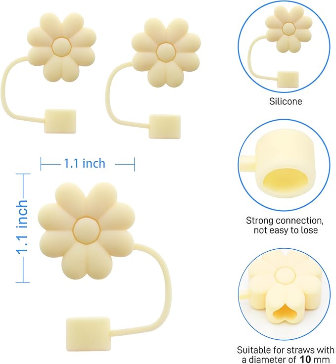 Flower Straw Cover Cap for Stanley Cup Silicone Straw Topper Compatible with 30&40 Oz Tumbler with Handle,Straw Tip Covers 10mm 0.4in for Straw Tip Covers (4pcs Beige flower)