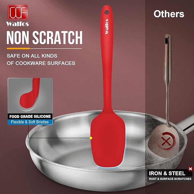 Walfos Silicone Spatula - 600°F High Heat Resistant Kitchen Spoon Spatulas, Strong Steel Core & One-Pieces Seamless Design, Perfect for Cooking Mixing & Baking - BPA Free & Dishwasher Safe 2 Set, Red