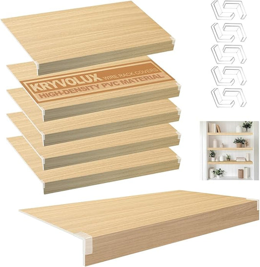 5 Pcs Wire Rack Covers 24x12x3 inch PVC Pantry Shelf Cover 0.31 inch Thick Removable Closet Wire Rack Shelf Covers,Decoration Kitchen Bathroom Office Shelving (Wood Color,24x12x3 inch)