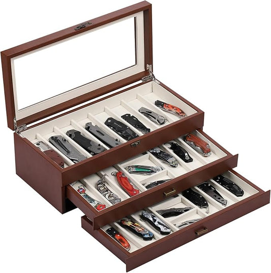 AUTOARK 3-Tier PU Leather & Velvet Knife Organizer with 26 Slots,Transparent Glass Top & Drawer,Compact Storage for Pocket Knives,Ideal for Men's Collections & Gifts,Brown,MKAW018
