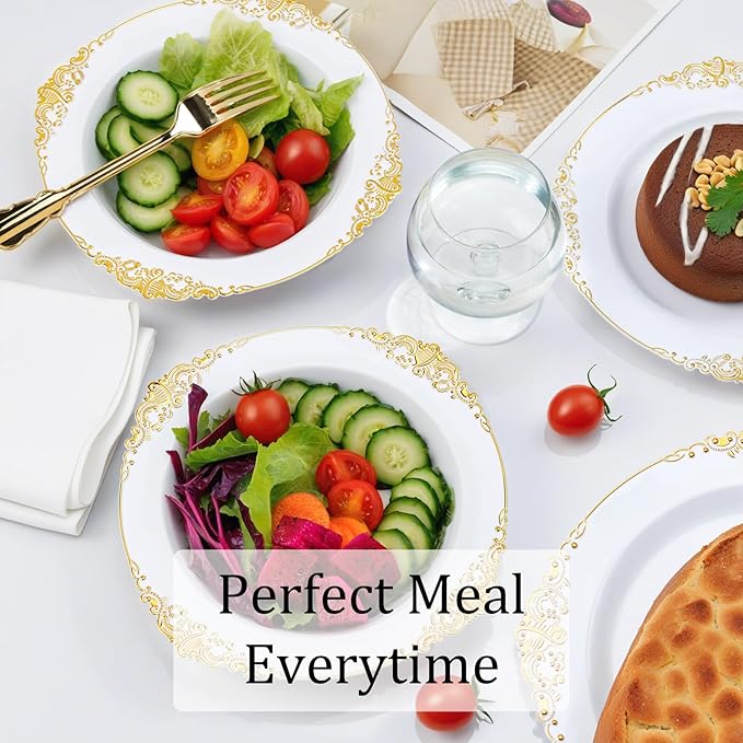 Nervure 50 Pack White Plastic Bowls with Gold Rim - 12oz Disposable Soup Bowls - Heavy Duty Dessert Bowl, Salad Bowl Perfect for Weddings, Parties, Thanksgiving and Everyday Use