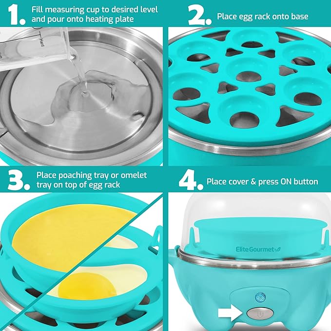 Elite Gourmet EGC-007T# Rapid Egg Cooker, 7 Easy-To-Peel, Hard, Medium, Soft Boiled Eggs, Poacher, Omelet Maker, Auto Shut-Off, Alarm, 16-Recipe Booklet, Teal