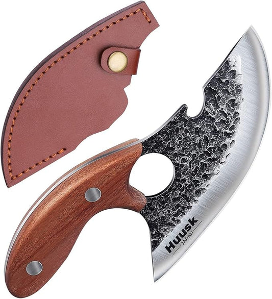 Huusk Knives, Viking Boning Knife for Meat Cutting, Small Ulu knives, Caveman Ultimo Knives Hand Forged Full Tang Knives for Kitchen or Camping Christmas Gift