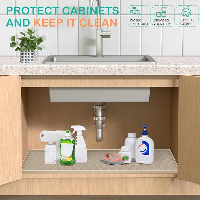 Waterproof Under Sink Mat 28" x 19", Silicone Cabinet Liner, Rubber Protector for Kitchen and Bathroom, Keeps Cabinets Clean, Dry, and Organized (Mint Green)