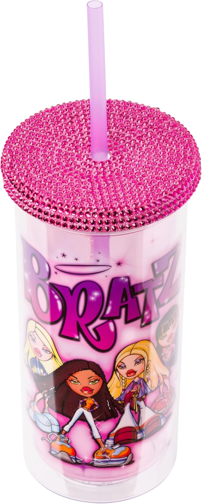 Silver Buffalo Bratz Featuring Cloe, Yasmin, Jade, and Sasha Plastic Tall Cold Cup with Rhinestones Lid and Straw, 20 Ounces