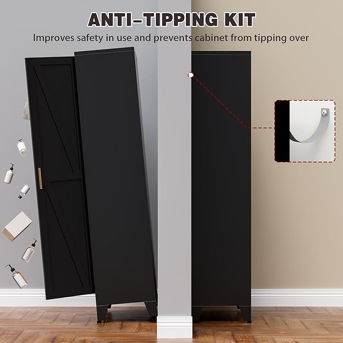 71" Tall Metal Pantry Cabinet, Kitchen Storage Cabinet with 2 Doors and 4 Adjustable Shelves for Kitchen, Living Room, Dining Room, Bathroom and Home, Office (Black, 71" H)