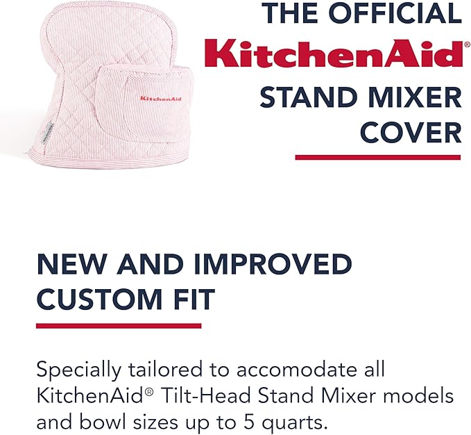 KITCHENAID Fitted Tilt-Head Stand Mixer Cover with Storage Pocket, Quilted 100% Cotton,14.4"x18"x10", Ticking Stripe Hibiscus Pink