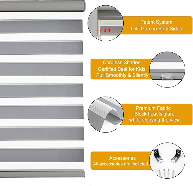 Persilux Cordless Zebra Roller Window Shades Free-Stop Roller Blinds (32" W X 72" H, Grey) Light Control for Day and Night, Light Filtering Sheer Roller Shades for Windows, Easy to Install