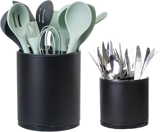 Kitchen Utensil Holder Extra Large Rotating For Counter Organizer Stainless Steel Storage Cooking Silverware Caddy 3 Compartment Flatware Spoon Spatula Tool Cutlery Container（2 Set Black）