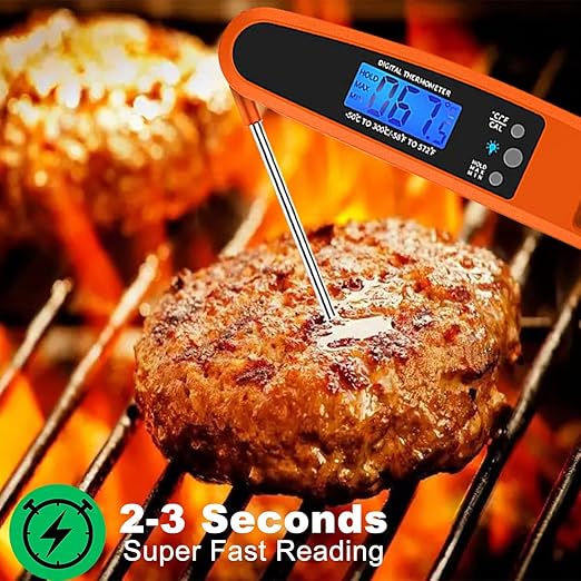 Instant Read Meat Thermometer for Kitchen Cooking, Ultra Fast Precise Waterproof Digital with Backlight, Magnet and Foldable Probe for Food,Deep Fry, Outdoor BBQ, Grill(Orange)