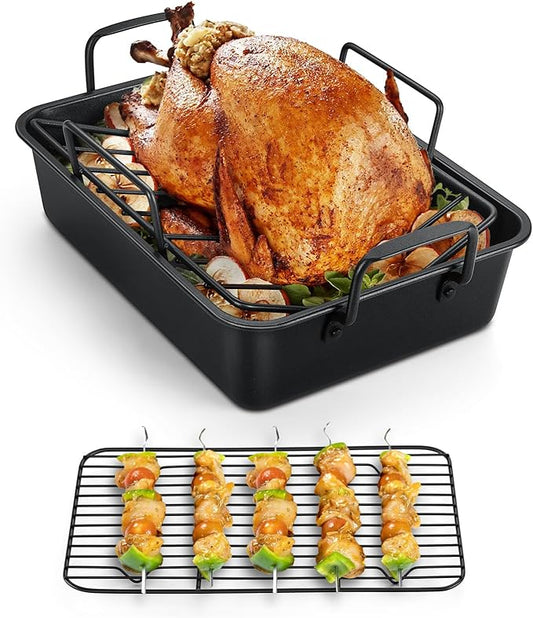 TeamFar Roasting Pan, 14” Nonstick Deep Lasagna Brownie Turkey Pan with V-Shaped Rack & Cooling Rack, with Stainless Steel Core & Nonstick Coating, Healthy & Heavy Duty, Easy to Clean, Set of 3