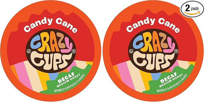 Crazy Cups Candy Cane Coffee Flavored Coffee Pods, Medium Roast Holiday Flavored Decaf Coffee, Festive Candy Cane Decaf Holiday Coffee for Keurig K Cup Brewers, 22 Count (Pack of 2)