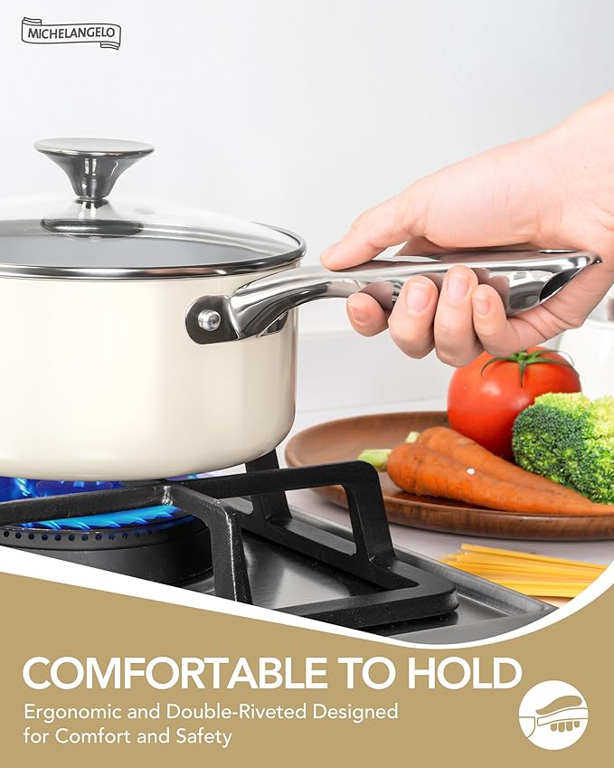 MICHELANGELO Ceramic Pots and Pans Set Non Stick - 8 Pcs Ceramic Cookware Set Non Toxic, Healthy Cooking Set with Ergonomic Handle, Oven Safe & Compatible with All Stovetops - Cream