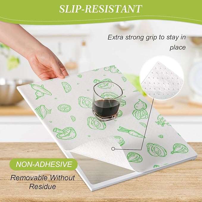 Cooyes Refrigerator Liners 17.7" x 24", 12 Pack, Absorbent Non-Slip Washable Fridge Mats, Shelf Liner for Kitchen Cabinets Non-Adhesive, Green Veggie