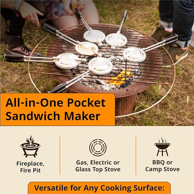 Long Handled Sandwich Grill, Pie Iron, Panini & Sandwich Press for Toasted & Sealed Hot Pocket Sandwiches, Pies - Best for Stovetop, Grill, Fire pits