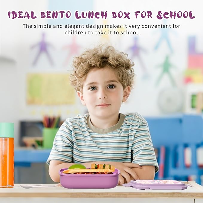 Bento Lunch Box with Kids & Children, Stackable Lunchbox Container with 3-Compartment, Durable for On-the-Go Meal, BPA-Free and Food-Safe Materials (Purple)
