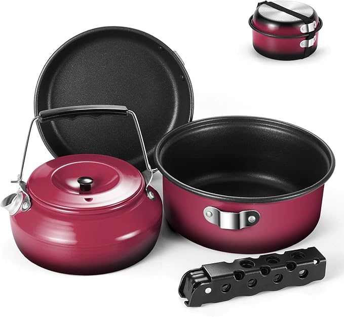 Odoland 5pcs Camping Cookware Non-Stick Camping Pot and Pan Set with Kettle and Removable Handle for Hiking Backpacking and Picnic