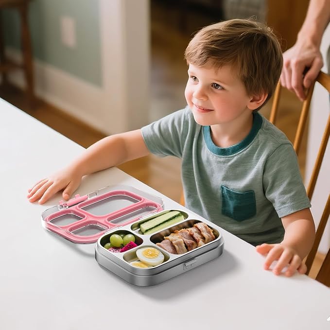 G.a HOMEFAVOR Kids Stainless Steel Lunch Box - 4-Compartment Bento Box with Locking Lid, One-Touch Latch, Leakproof Food Container for School, Travel, 800 ml, Pink