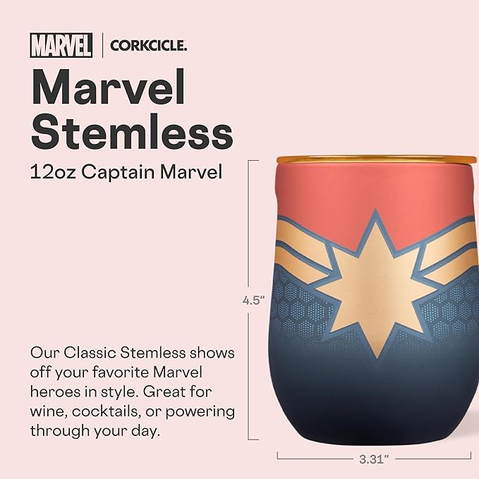 Corkcicle Stemless Insulated Wine Glass Tumbler - Keeps Beverages Cold 6 Hours & Hot 3 Hours - Stainless Steel - Easy-Grip - Summer Drinkware Gift - Keeps Drinks Ice Cold - 12 oz - Captain Marvel