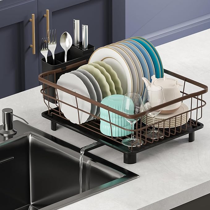 Iron Dish Drying Rack with Drainboard Dish Drainers for Kitchen Counter Extendable Spout Strainers with Utensil Holder and Knife Slots, Brown