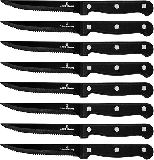G.a HOMEFAVOR Steak Knife Set: 8-Piece Stainless Steel Sharp Serrated Knives Set with PP Handle for Kitchen, Full Black