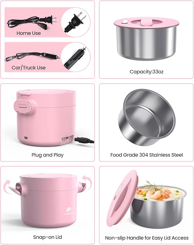 Portable Electric Lunch Box,Food Warmer Cooker,12/24/110V Heated Lunch Box for Car/Truck/Office- Ideal for Men & Women Gifts,100W Mini Portable Food Warmer Heater,Warming Soup & Meal,Smart Keep Warm