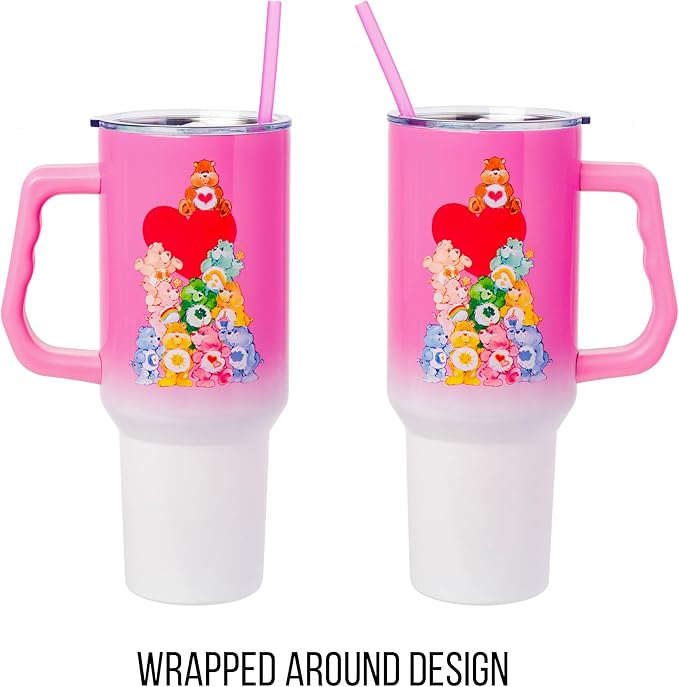 Silver Buffalo Care Bears Watercolor Heart Ombre Stainless Steel Tumbler with Handle and Straw, Fits in Standard Cup Holder, 40 Ounces