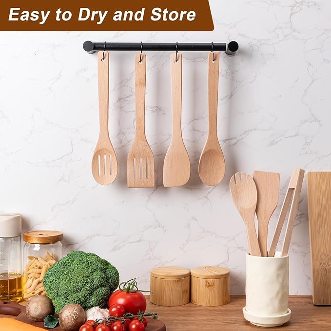 Wooden Spoons for Cooking 7-Piece, Kitchen Nonstick Wood Cooking Utensils Set, Durability Wooden Spatula Spoon for Everyday Use, Light Yellow