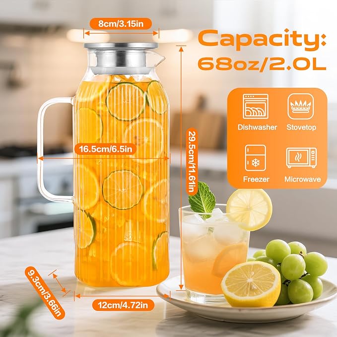 2 Liters/68oz 2 Pack Stripes Glass Pitcher with Lid and Handle for Fridge Door, Aofmee Borosilicate Glass Heat Resistant Dishwasher Safe Iced Tea Jar, Carafe with Scale Line for Hot/Cold Beverage