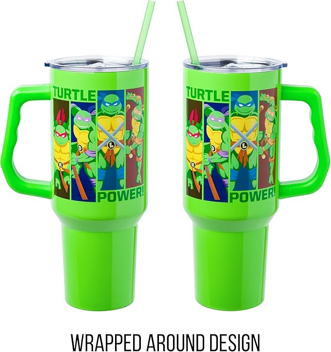 Silver Buffalo Teenage Mutant Ninja Turtles Turtle Power Stainless Steel Tumbler with Handle Featuring Leonardo, Donatello, Raphael, and Michelangelo, Fits in Standard Cup Holder, 40 Ounces