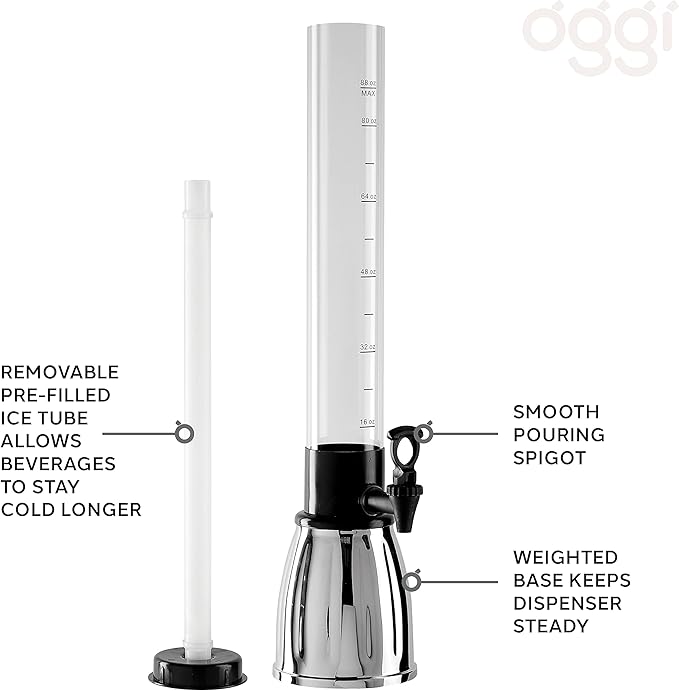 OGGI Beer Tower 88oz - Beverage Dispenser with Spigot & Ice Tube, Margarita Tower, Mimosa Tower, Perfect Drink Dispensers for Parties, Drink Tower, Holds 6 Pints of Beer – Stainless