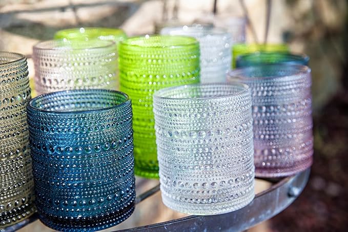 Fortessa Jupiter Beaded Hobnail Glass, 13 Ounce Iced Beverage (Set of 6), Fern Green