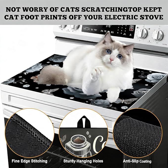 Black Rose Butterfly Stove Top Cover 28.3 x 20.5 Inches, Heat Resistant Glass - Image 4