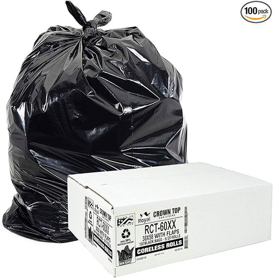 Aluf Plastics RCT-60XX Star Sealed Coreless Rolls with E-Z Tie Flap Closure, 60 gal, Polyethylene, 38" x 58", Black (Pack of 100)