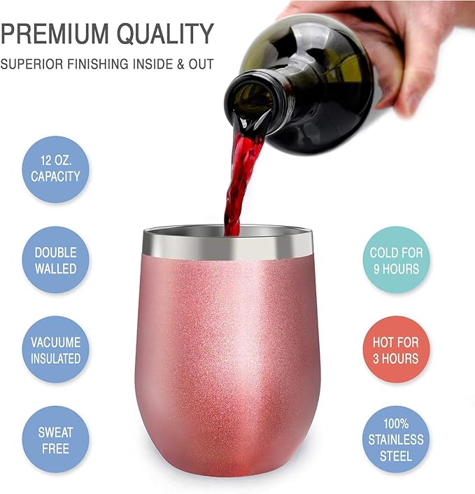 CHILLOUT LIFE 12 oz Stainless Steel Wine Tumblers 2 Pack & 1 Insulated Wine Bottle - Double Wall Vacuum Insulated Wine Glasses Cups with Lids and Straws Set Keeping Cold & Hot Gift Set - Rose Gold