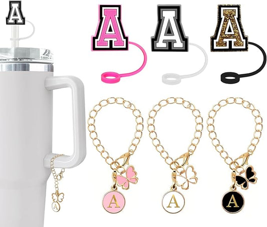 （3 +3) Nuozme Straw Cover Compatible with Stanley Tumbler Cup 3PCS Letter Straw Caps Toppers with 3 Initial Butterfly Charms Name ID For Stanley 30&40 Oz Cup