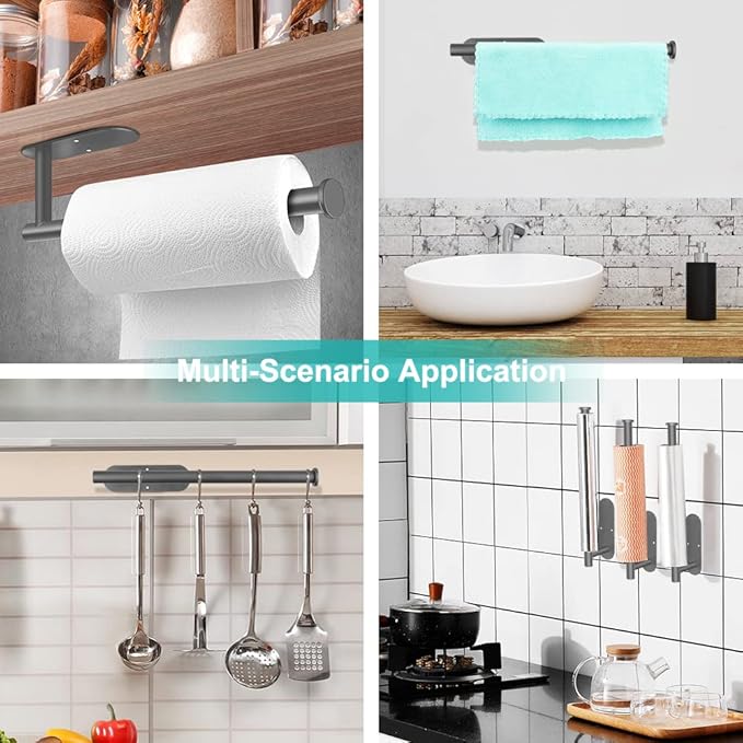 Paper Towel Holder Wall Mount, Self Adhesive Or Drilling Under Cabinet Kitchen, 13.2 inch Stainless Steel Paper Towel Roll Rack, Towel Roll Hanger for Bathroom (Grey, Rectangle)