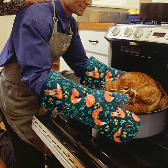 Oven Mitts Cotton Fashion Cute Fox Design 1 pair Heat Resistant Oven Gloves Safe Cooking Baking Grilling Barbecue Machine Washable (fox, oven mitts)