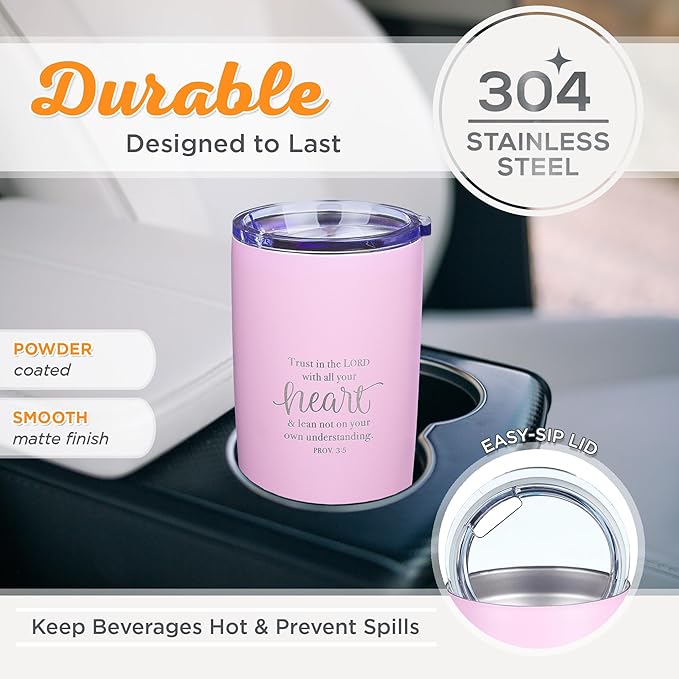 Christian Art Gifts Stainless Steel Double-Wall Vacuum Insulated Travel Mug 18 oz Pink Tumbler with Lid for Women Inspirational Bible Verse - Trust in the Lord - Proverbs 3:5