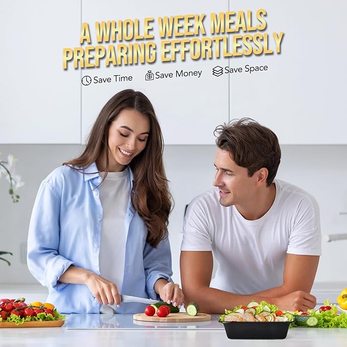 100-Piece (50-Pack) 34 OZ Meal Prep Containers Reusable with Lids, Sturdy Leakproof & Food Safe, Microwave, Freezer, Dishwasher Safe To Go Food Containers, Plastic Take Out Containers, Black