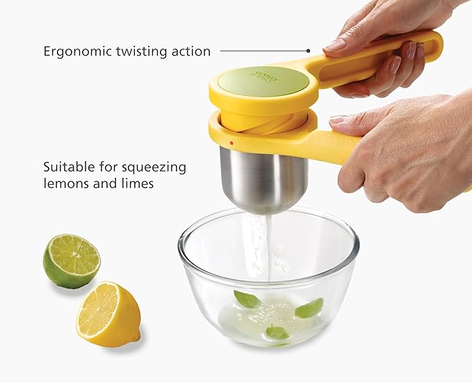 Joseph Joseph Helix Citrus Press Juicer, Ergonomic Twist action hand press, lemon/lime squeezer, BPA free - Yellow