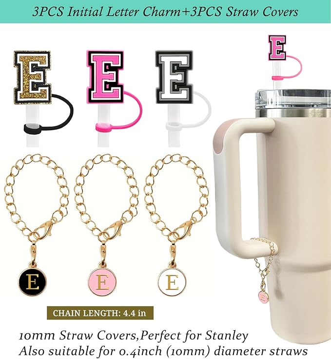 （3 +3) 3PCS Nuozme Straw Cover 10mm For Stanley Tumbler Cup Reusable Straw Cap Topper with 3 Initial Letter Charms Accessories Name ID Personalized Handle Charm For Stanley 30&40 Oz Cup Tumbler