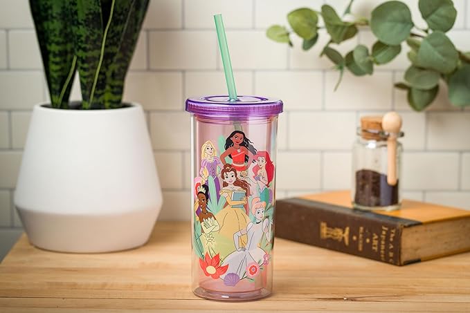 Silver Buffalo Disney Princess Featuring Moana, Rapunzel, Ariel, Tiana, Belle, and Cinderella Plastic Tall Cold Cup with Lid and Straw, 20 Ounces