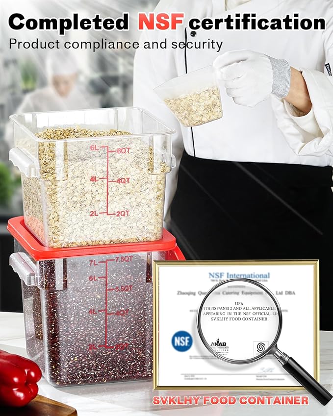 2QT4QT NSF Food Storage Containers: 6PCS [Food Grade][Hot&Cold Resistant] Commercial Clear Food Storage Containers with Lids for Restaurant Kitchen Proof Dough, Measuring Spoons Included(Red)