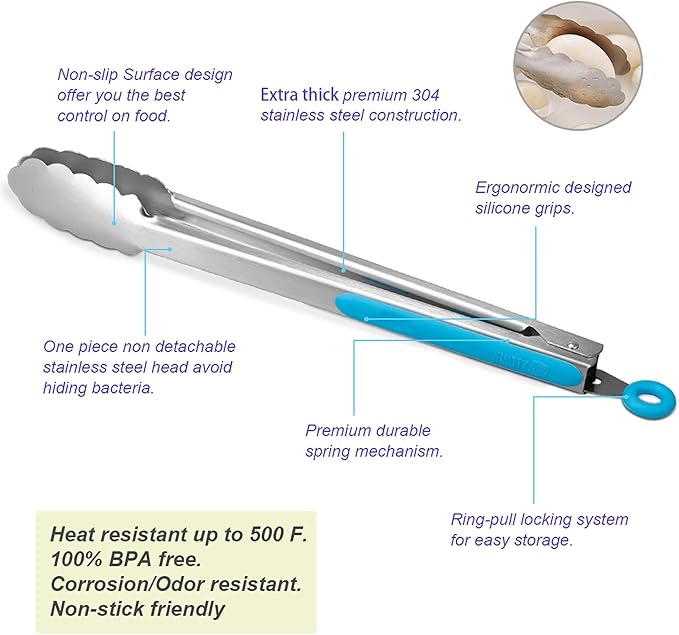 304 Stainless Steel Kitchen Cooking Tongs, 12" and 14" Set of 2 Sturdy Grilling Barbeque Brushed Locking Food Tongs with Ergonomic Grip, Blue
