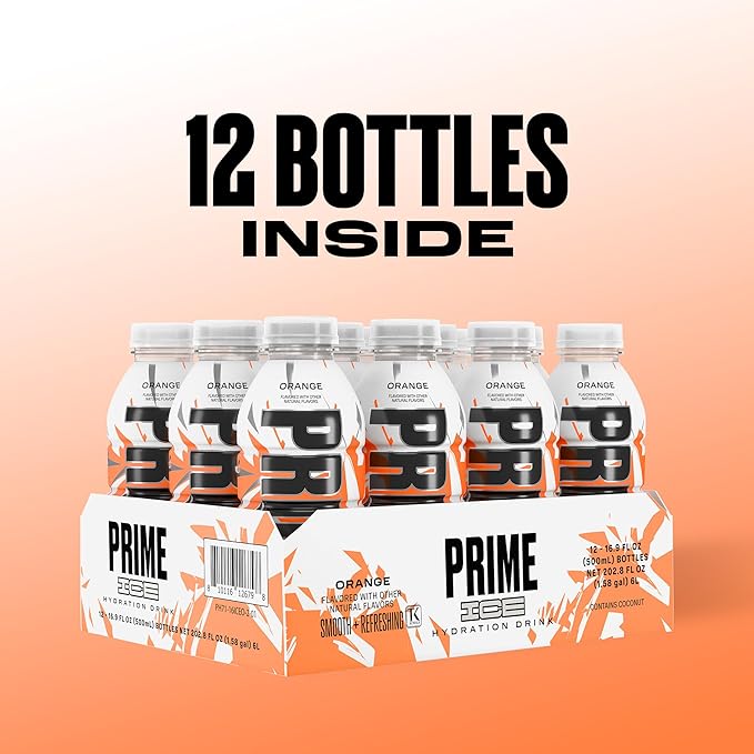 PRIME Hydration ICE ORANGE, Sports Drinks, Electrolyte Enhanced for Ultimate Hydration, 250mg BCAAs, B Vitamins, Antioxidants, Low Sugar, 16.9 Fl Oz, 12 Pack